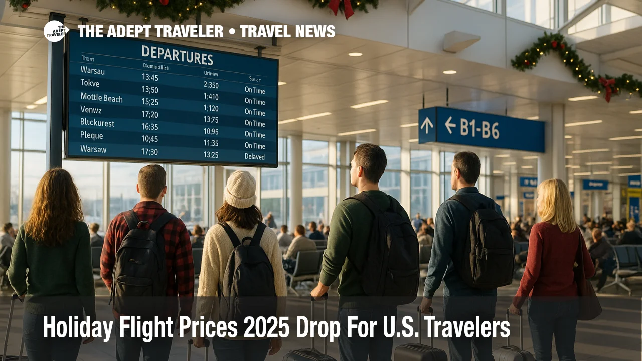 Holiday flight prices 2025 depicted by travelers studying a departures board at a U.S. airport while planning seasonal trips.