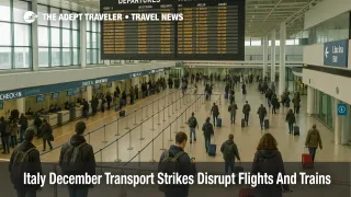 Travelers watch a departures board at Rome Fiumicino as Italy December transport strikes disrupt holiday flights, rail links, and connections.