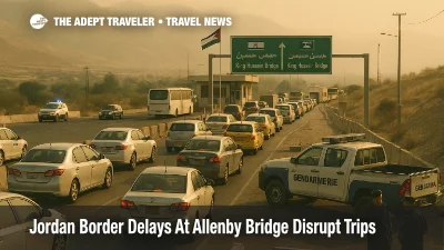 Cars queue at the border near Allenby Bridge as protests cause Jordan border delays for travelers heading toward Jerusalem.