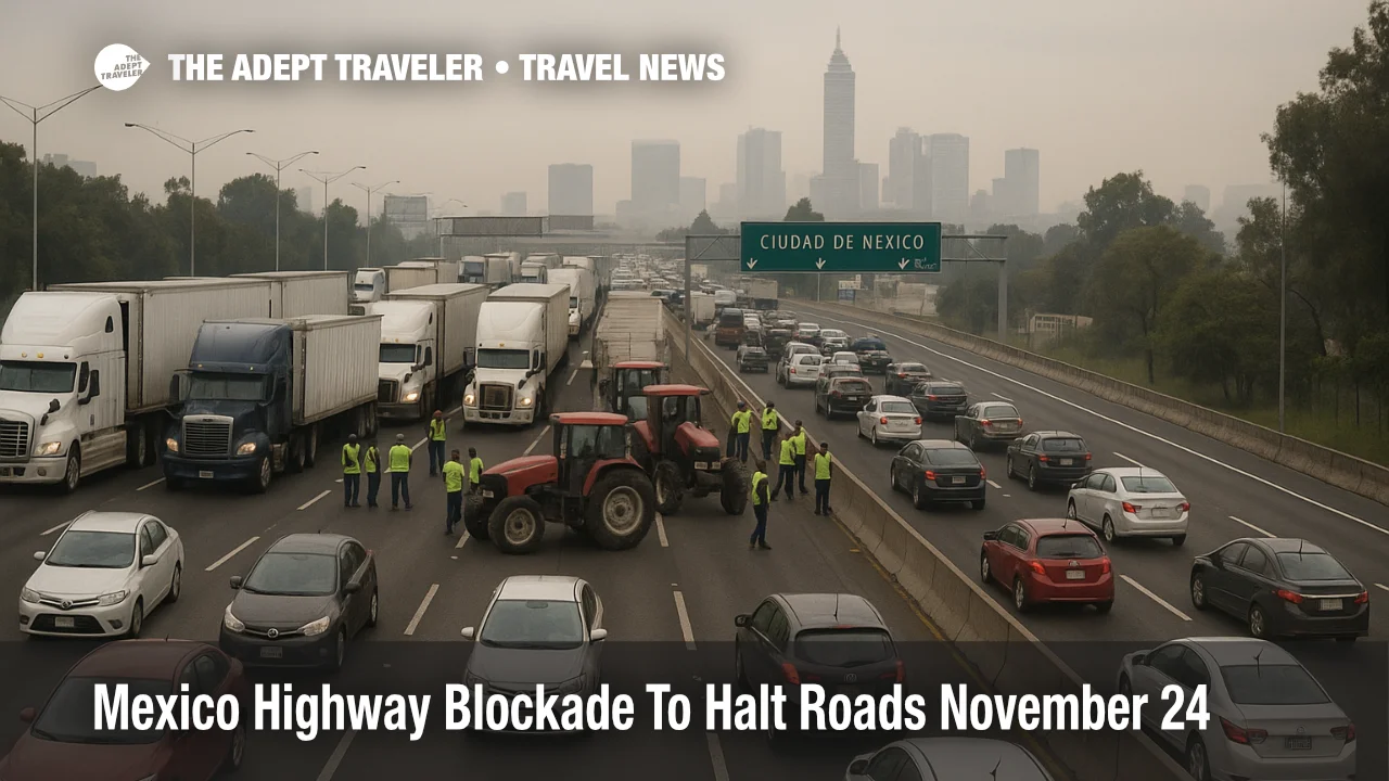 Trucks and tractors block a major highway into Mexico City during the Mexico highway blockade November 24, leaving cars stopped in long queues