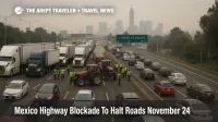 Trucks and tractors block a major highway into Mexico City during the Mexico highway blockade November 24, leaving cars stopped in long queues