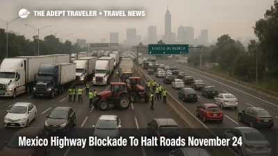 Trucks and tractors block a major highway into Mexico City during the Mexico highway blockade November 24, leaving cars stopped in long queues