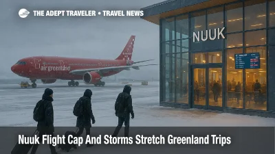 Stormy conditions at Nuuk Airport as the flight cap and Davis Strait winds delay departures and stretch Greenland itineraries