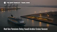 A lone cruise ship leaving Jeddah Islamic Port, highlighting how Red Sea cruise Saudi ports remain quiet as major lines avoid the region.