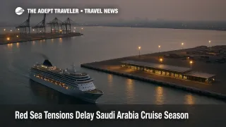 A lone cruise ship leaving Jeddah Islamic Port, highlighting how Red Sea cruise Saudi ports remain quiet as major lines avoid the region.