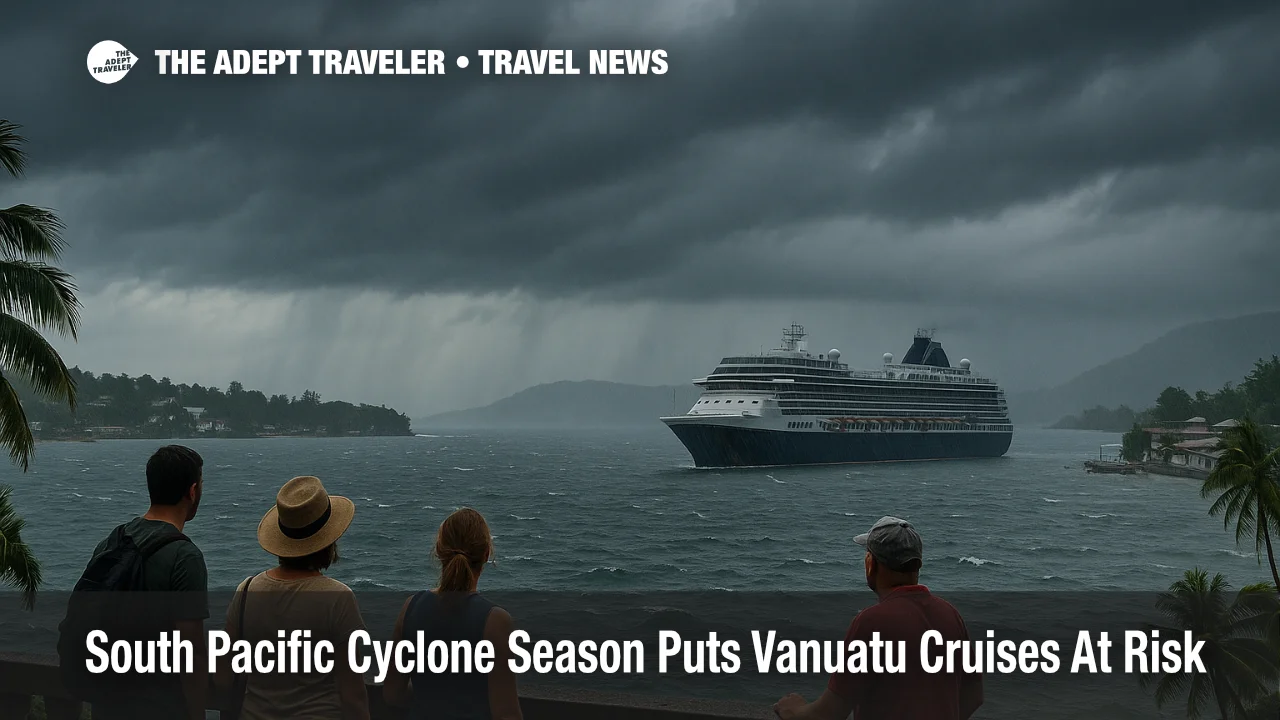 Cruise ship rides out rough seas in Port Vila Harbor during South Pacific cyclone season Vanuatu, as travelers watch storm clouds gather over the port