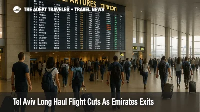 Travelers study departures board inside Ben Gurion as Tel Aviv long haul flight cuts after Emirates exit push more connections onto other airlines