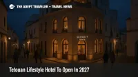 Evening street scene outside the future Tetouan lifestyle hotel opening site in the Dersa district, with a preserved facade and guests arriving