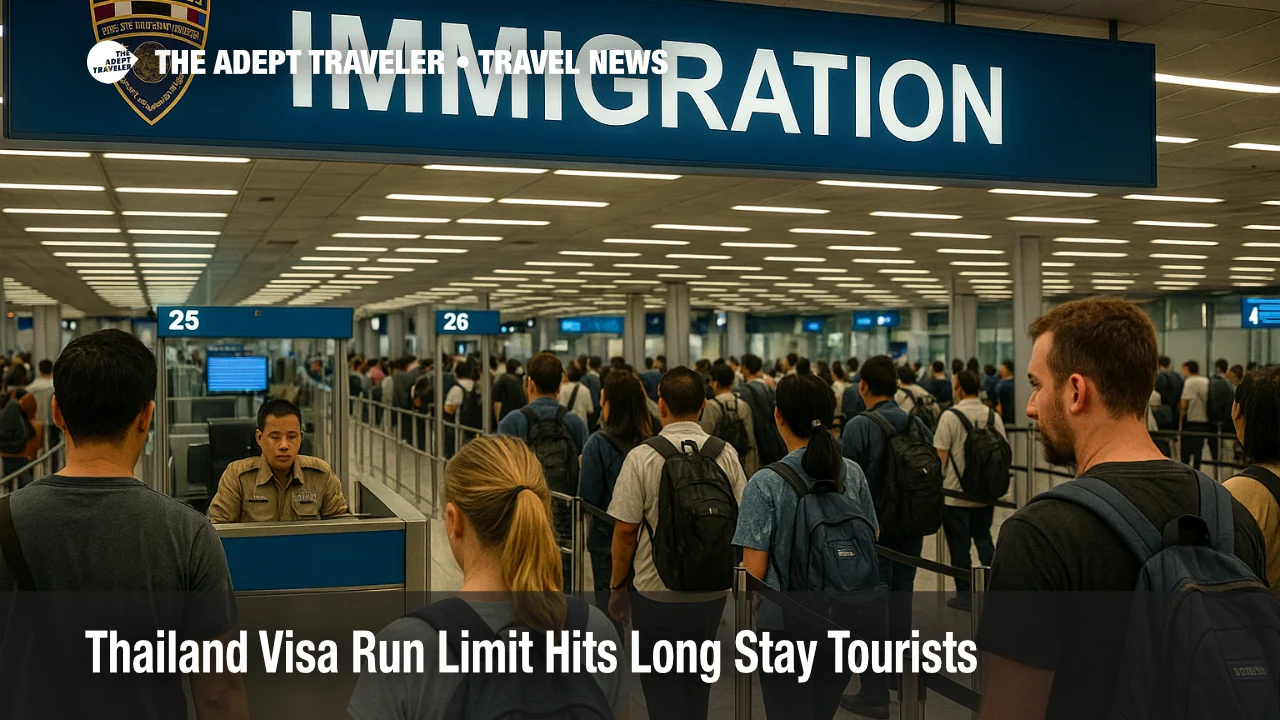 Travellers queue at Suvarnabhumi Airport immigration booths as Thailand visa run limit enforcement tightens checks on repeated visa exempt entries