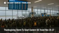 Travelers crowd a departures hall at Dallas Fort Worth Airport as a Thanksgiving storm across the eastern US disrupts flights and connections