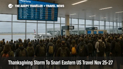 Travelers crowd a departures hall at Dallas Fort Worth Airport as a Thanksgiving storm across the eastern US disrupts flights and connections