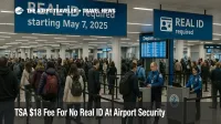 Travelers queue at TSA security in Chicago as a new fee without Real ID adds an extra step at the airport ID checkpoint