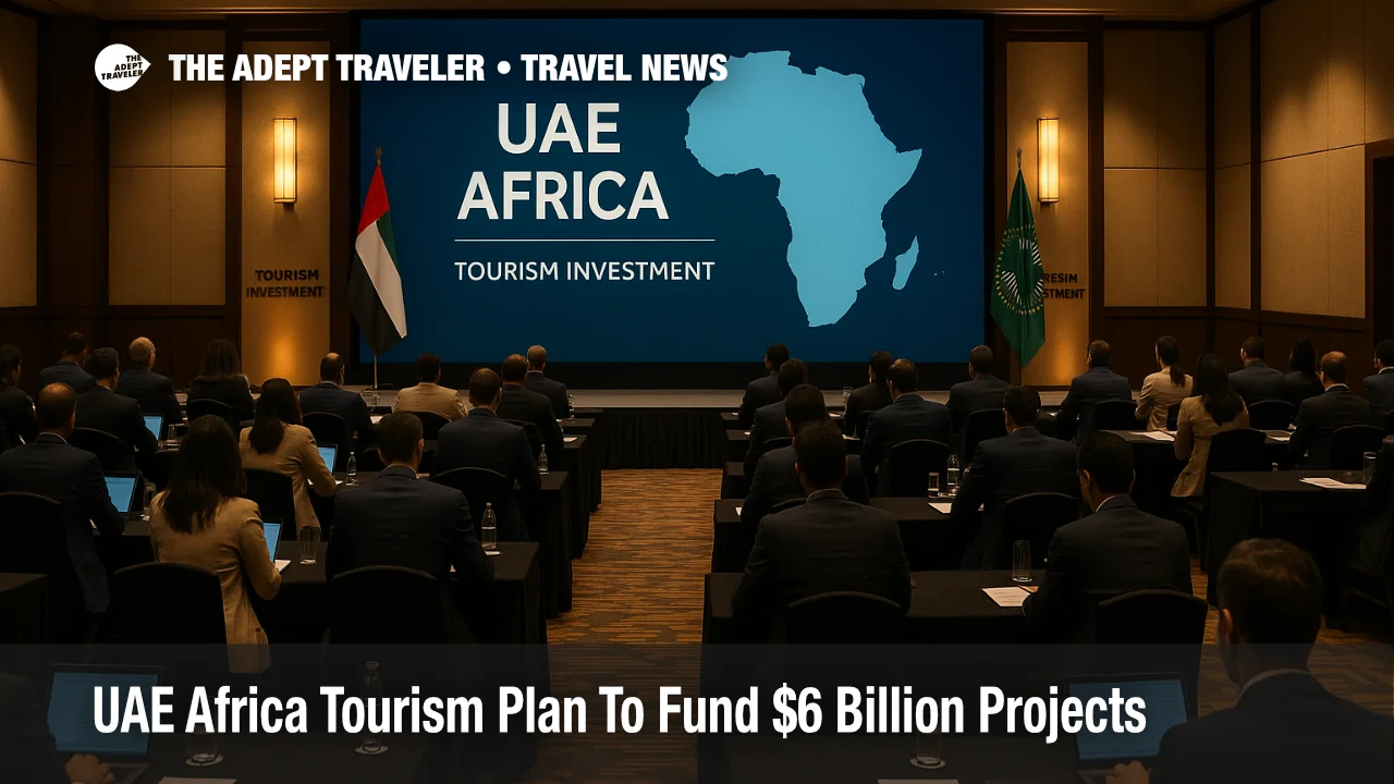 Delegates attend a UAE Africa tourism investment summit session in a Dubai conference hall focused on funding new travel and hospitality projects across Africa