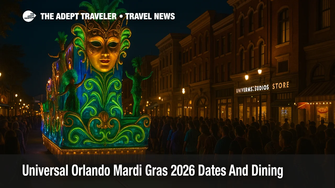 Crowds watch Universal Orlando Mardi Gras 2026 parade with floats and beads along the Universal Studios Florida street route at night