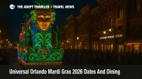 Crowds watch Universal Orlando Mardi Gras 2026 parade with floats and beads along the Universal Studios Florida street route at night
