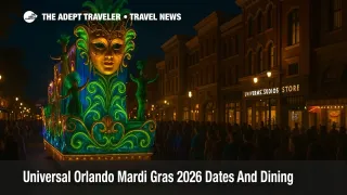 Crowds watch Universal Orlando Mardi Gras 2026 parade with floats and beads along the Universal Studios Florida street route at night