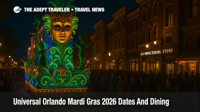 Crowds watch Universal Orlando Mardi Gras 2026 parade with floats and beads along the Universal Studios Florida street route at night