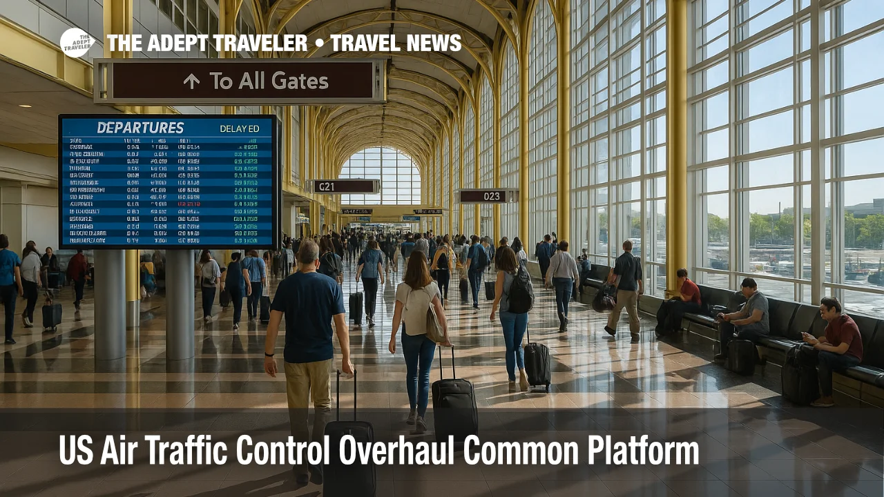ALT text: Travelers watch departure screens at Reagan National as a US air traffic control overhaul common platform aims to cut delays