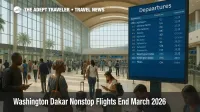 Travelers check a departures board at Blaise Diagne Airport as Washington Dakar nonstop flights end and connections through New York and Europe replace them