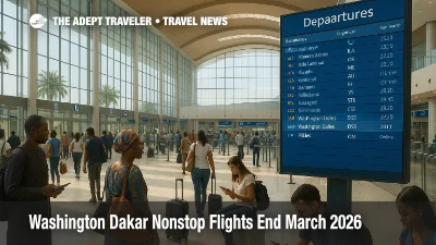 Travelers check a departures board at Blaise Diagne Airport as Washington Dakar nonstop flights end and connections through New York and Europe replace them