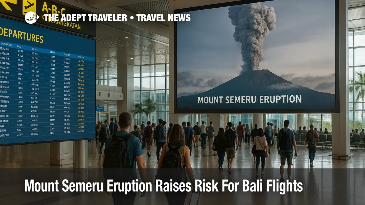 Travelers watch a screen about the Mount Semeru eruption at Bali's Ngurah Rai airport while Bali flights continue operating.