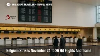 Travelers wait in Brussels Airport departures hall as Belgium strikes November 24 26 disrupt flights and rail connections.