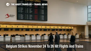 Travelers wait in Brussels Airport departures hall as Belgium strikes November 24 26 disrupt flights and rail connections.