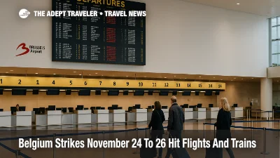 Travelers wait in Brussels Airport departures hall as Belgium strikes November 24 26 disrupt flights and rail connections.