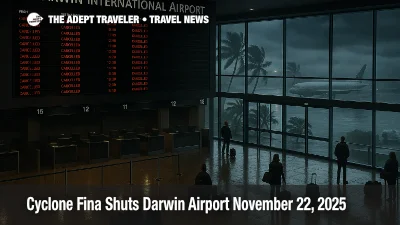 Travelers wait in Darwin airport departures hall as Cyclone Fina Darwin airport closure leaves flights grounded in rain.