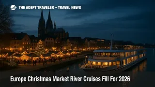Travelers walk toward a docked ship on the Rhine during Europe Christmas market river cruises, with a lit town square and stalls in the background