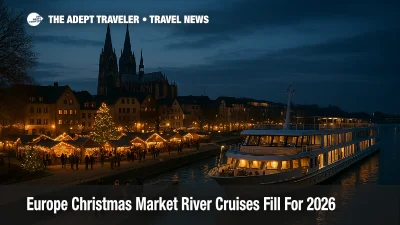 Travelers walk toward a docked ship on the Rhine during Europe Christmas market river cruises, with a lit town square and stalls in the background
