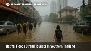 Tourists wade through knee deep water as Hat Yai floods strand tourists in the downtown shopping district and disrupt southern Thailand travel plans