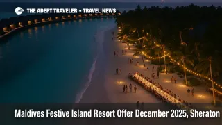 Maldives festive resort offer beach gala at Sheraton Maldives, golden strand lights above tables beside a calm lagoon.
