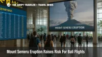 Travelers watch a screen about the Mount Semeru eruption at Bali's Ngurah Rai airport while Bali flights continue operating.