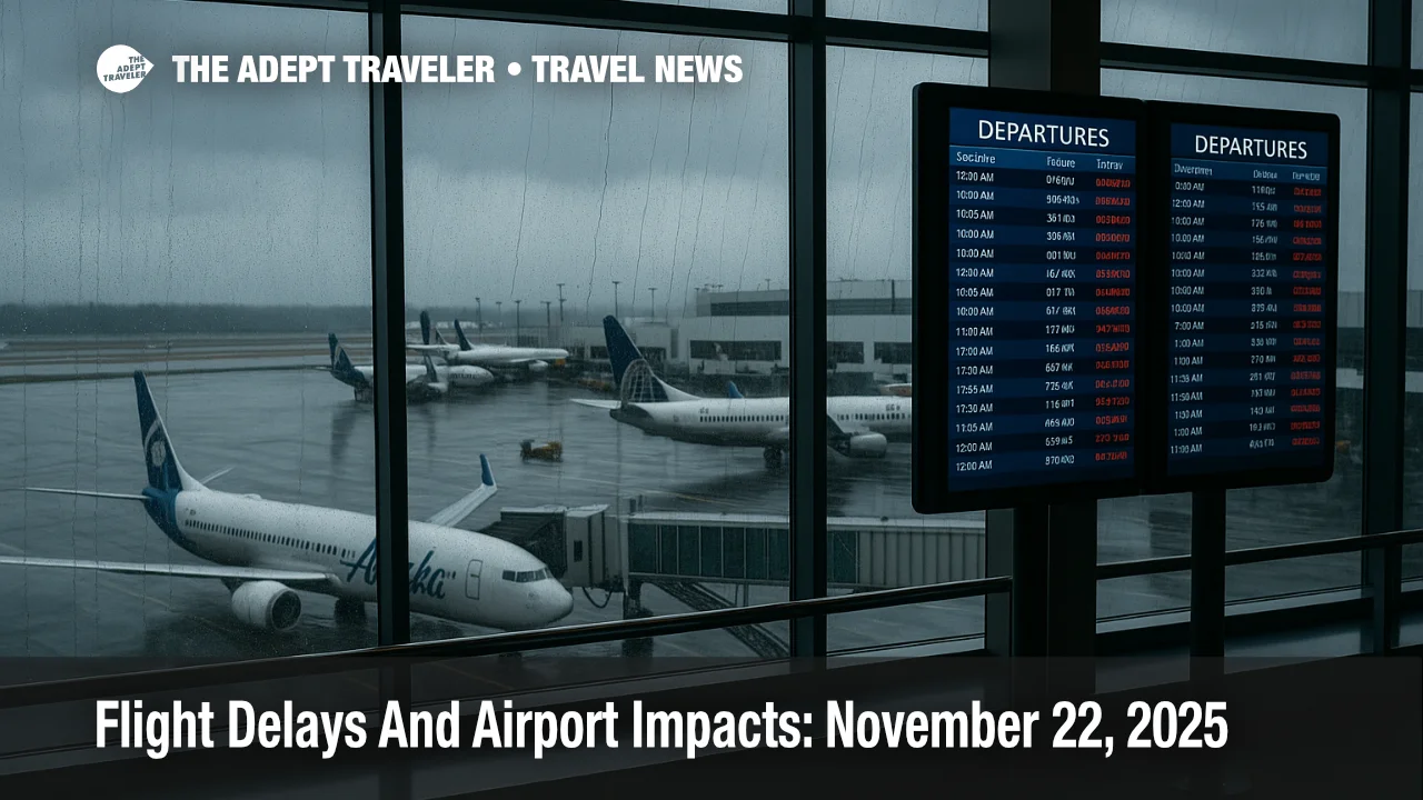 Busy concourse during US airport delays November 22 at Seattle Tacoma, with wet tarmac and travelers watching flight boards.
