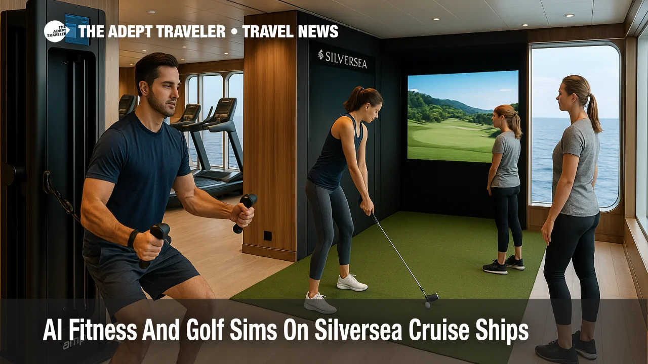 Guests use amp AI strength device and a golf simulator in a Silversea ship wellness upgrades scene inside an oceanview gym