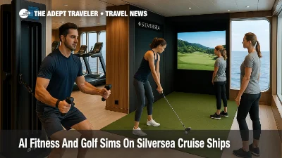 Guests use amp AI strength device and a golf simulator in a Silversea ship wellness upgrades scene inside an oceanview gym