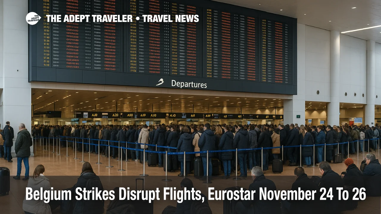 Travelers at Brussels Airport as Belgium strikes November 24 26 show cancelled flights and queues at the departures board.