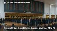 Travelers at Brussels Airport as Belgium strikes November 24 26 show cancelled flights and queues at the departures board.