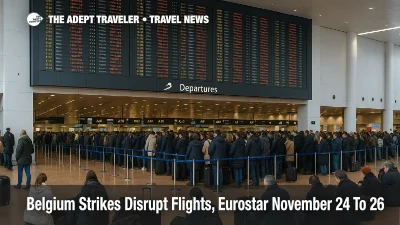 Travelers at Brussels Airport as Belgium strikes November 24 26 show cancelled flights and queues at the departures board.