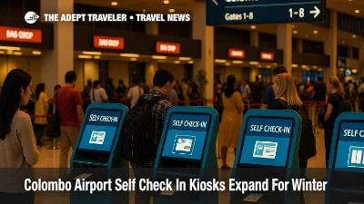 Travelers use Colombo airport self check in kiosks in the Bandaranaike International Airport departure hall while others queue at bag drop counters during winter peaks
