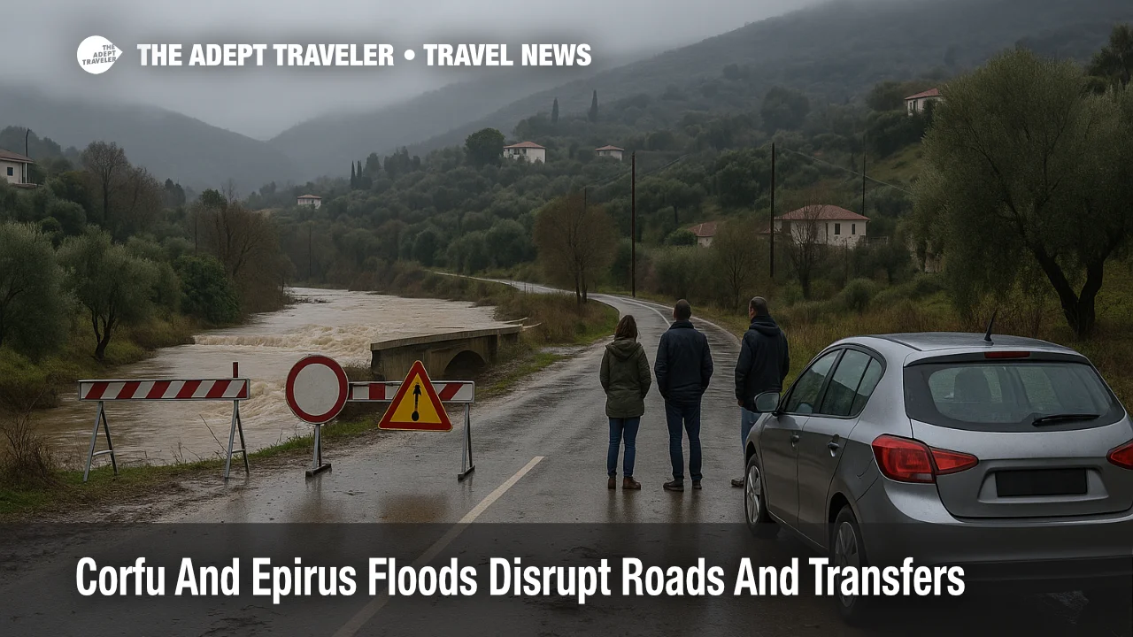 Flooded road and blocked bridge in northern Corfu illustrate Corfu Epirus floods travel disruption for drivers heading to villages and resorts