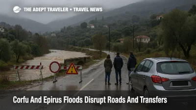 Flooded road and blocked bridge in northern Corfu illustrate Corfu Epirus floods travel disruption for drivers heading to villages and resorts
