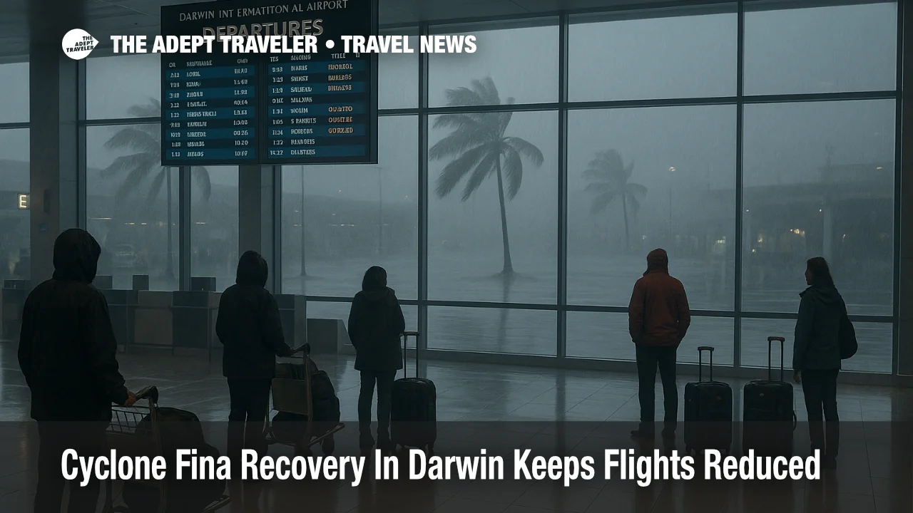 Travelers wait in Darwin International Airport departures hall as Cyclone Fina Darwin airport disruption keeps flights reduced during storm recovery