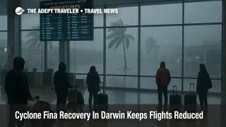 Travelers wait in Darwin International Airport departures hall as Cyclone Fina Darwin airport disruption keeps flights reduced during storm recovery