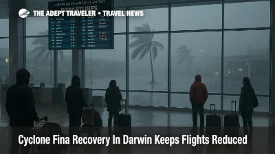 Travelers wait in Darwin International Airport departures hall as Cyclone Fina Darwin airport disruption keeps flights reduced during storm recovery