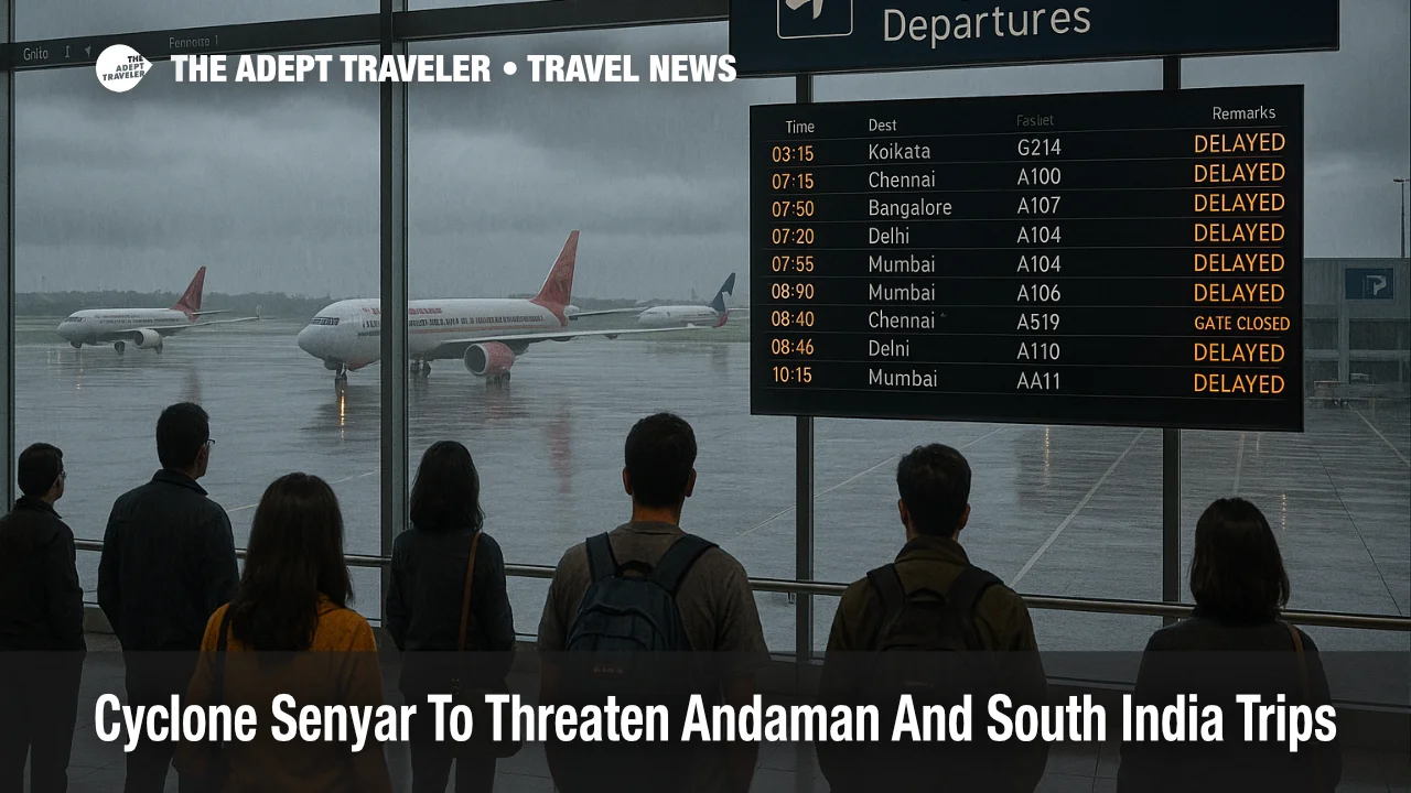Travelers watch departures board at Port Blair airport as Cyclone Senyar Andaman travel disruptions build with rain, clouds, and wet runways outside