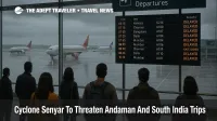 Travelers watch departures board at Port Blair airport as Cyclone Senyar Andaman travel disruptions build with rain, clouds, and wet runways outside