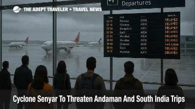 Travelers watch departures board at Port Blair airport as Cyclone Senyar Andaman travel disruptions build with rain, clouds, and wet runways outside