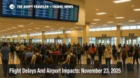 Travelers wait under Phoenix Sky Harbor departure boards as US airport delays on November 23 2025 create scattered hold ups across key hubs.